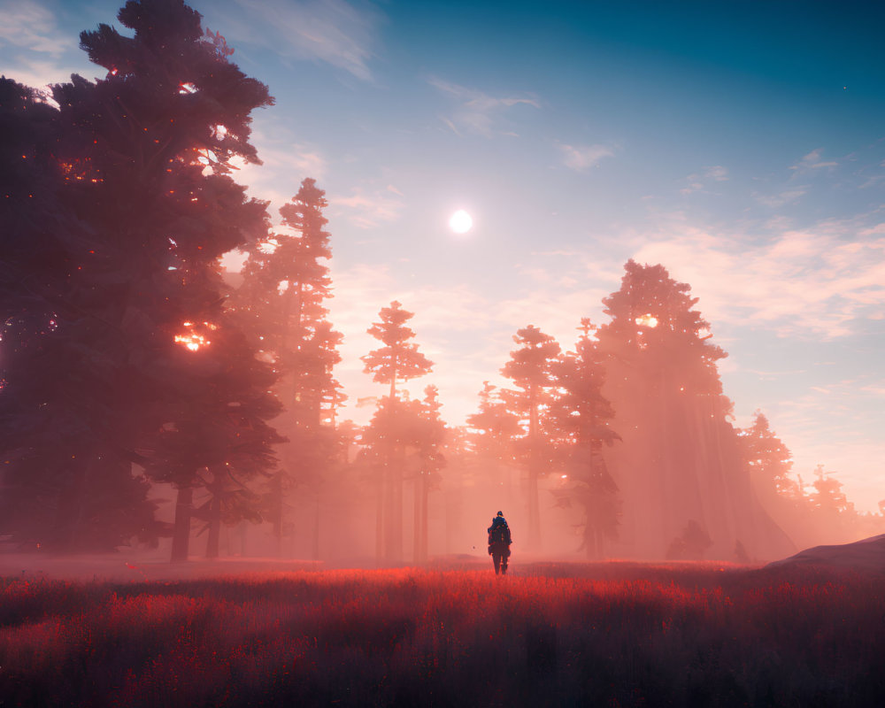 Solitary figure in red flower field at sunrise near misty forest