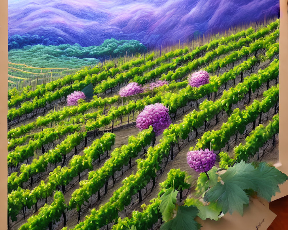 Vivid vineyard scene with grapevines, grapes, and lavender hills