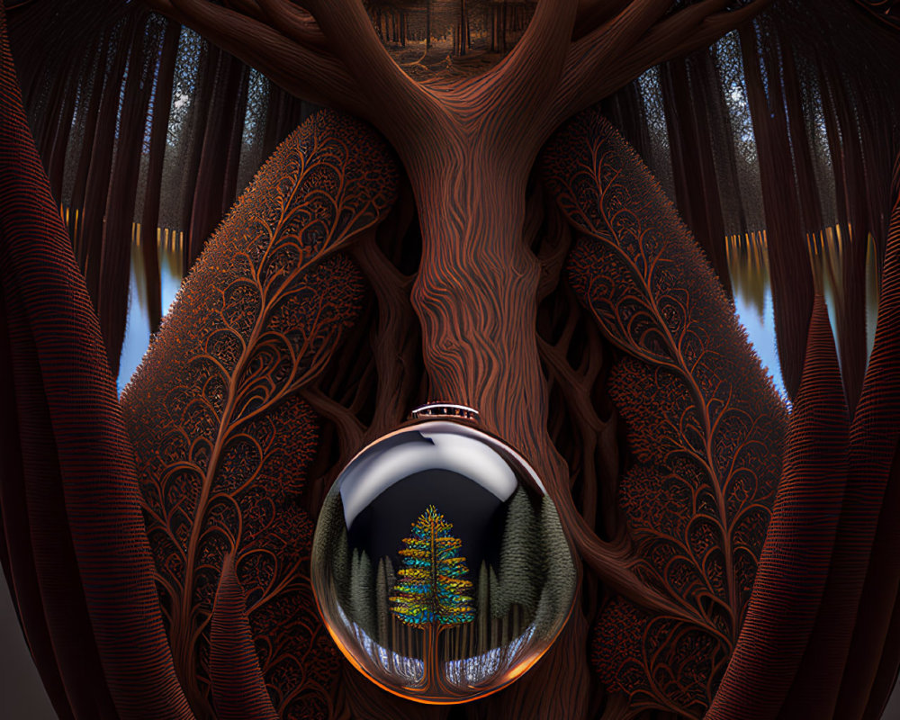 Symmetrical tree structure in surreal forest scene