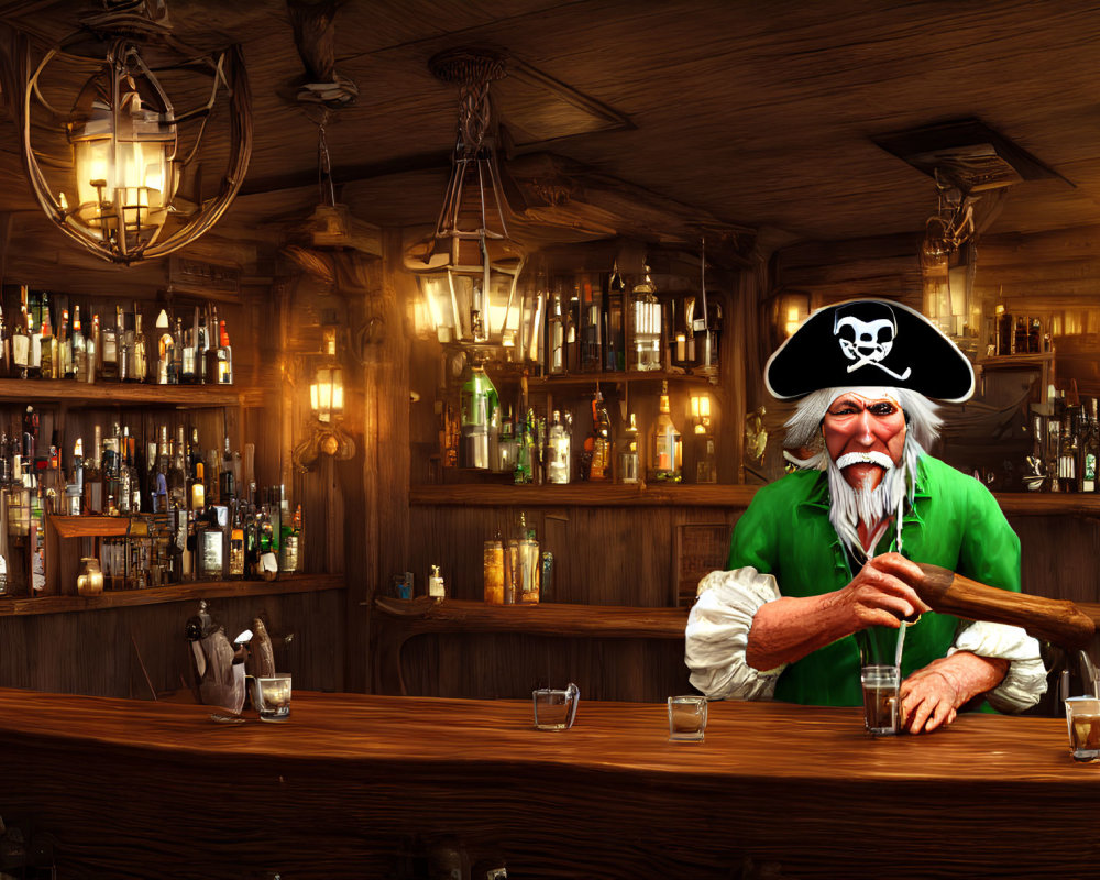 Pirate-themed bar with wooden decor and lantern lighting