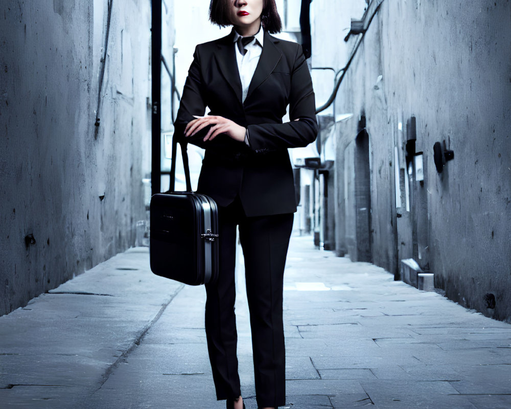 Confident professional woman in black suit with briefcase in narrow alleyway