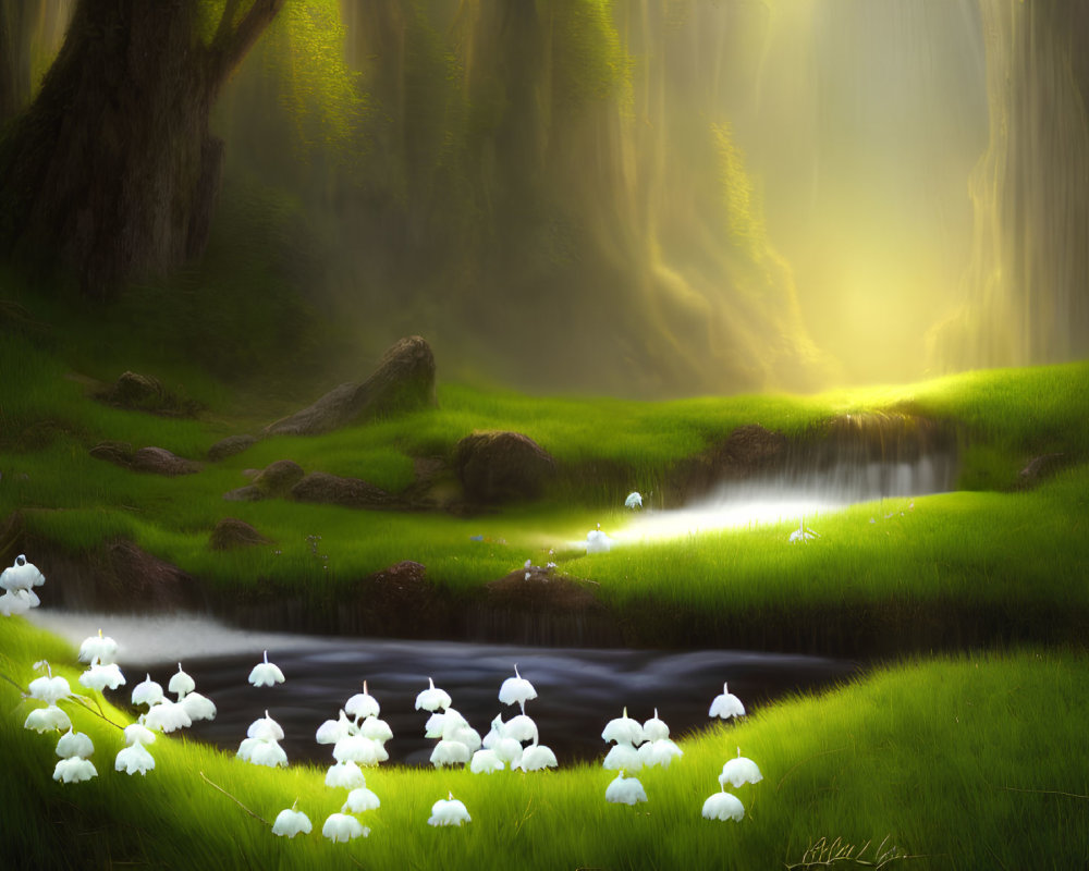 Fantasy forest scene with waterfall, glowing mushrooms, and ethereal light