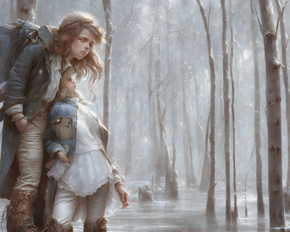 Fantasy traveler couple in snowy forest, man carrying woman on back