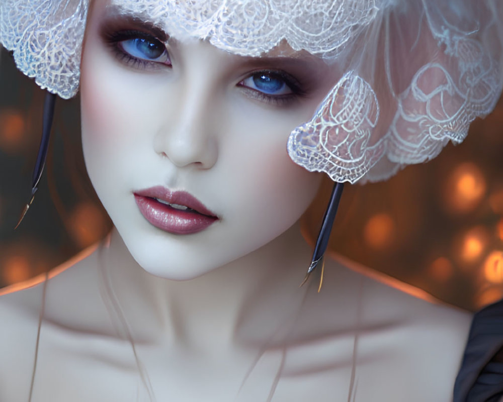 Digitally-created woman with oversized eye ornament and pearl necklace on warm bokeh background