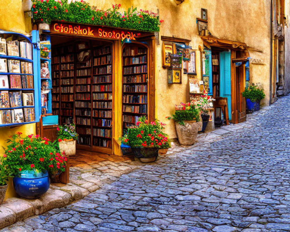 Colorful Bookstore Facade on Cobblestone Street