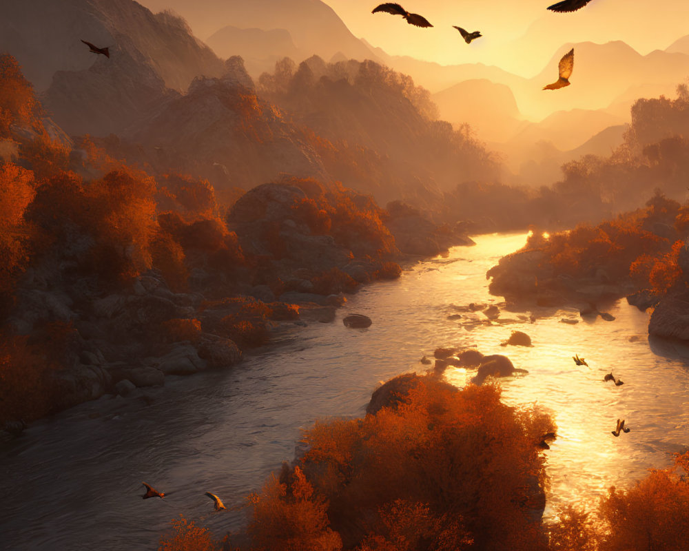 Tranquil sunrise over river in autumn forest with birds and warm light