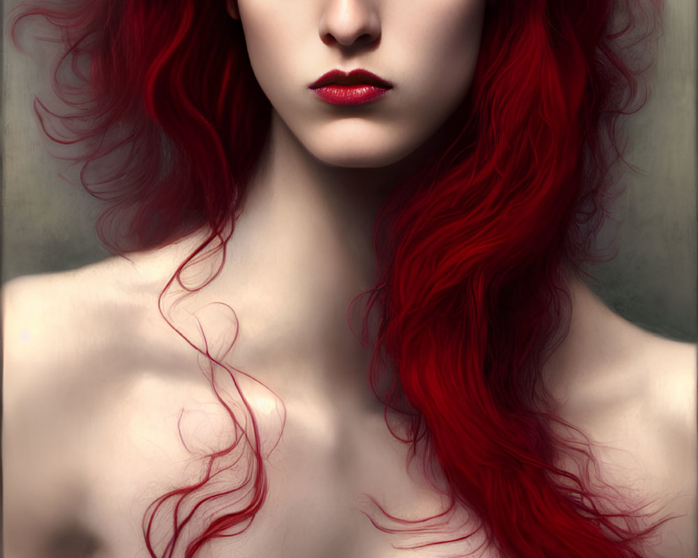 Portrait of Person with Flowing Red Hair and Piercing Eyes