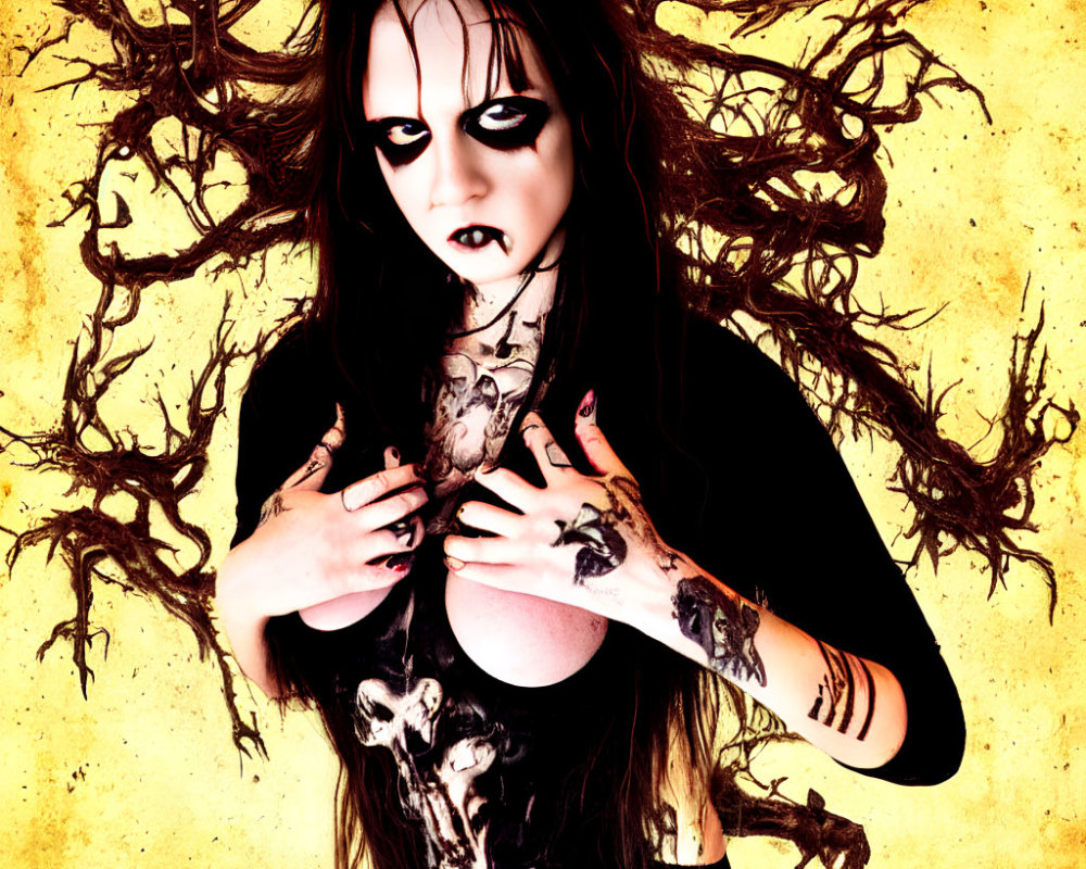 Person in dark makeup and black attire against yellow backdrop with tree-branch patterns