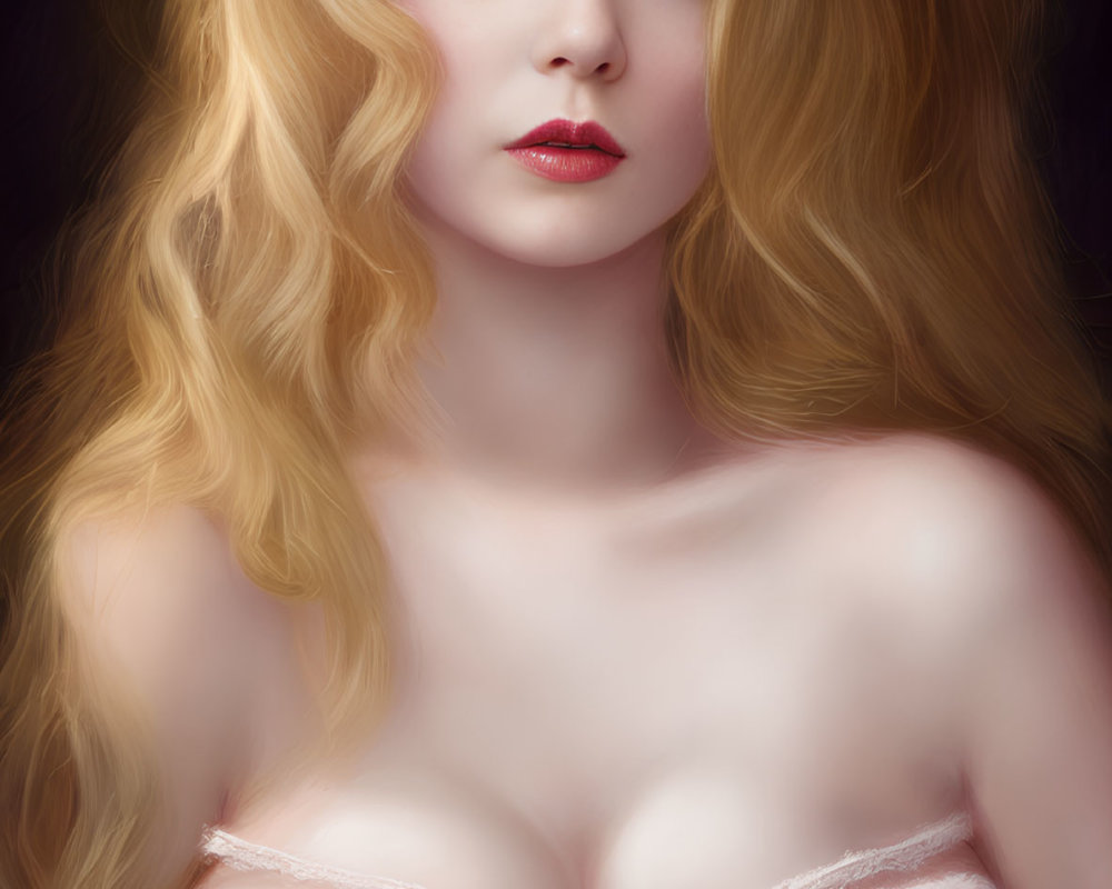 Portrait of Woman with Blonde Hair, Red Lips, and White Corset