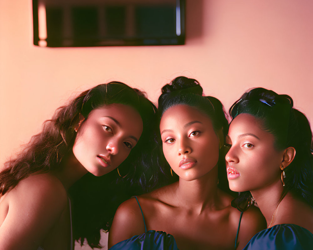 Three women in elegant blue dresses against warm-toned backdrop