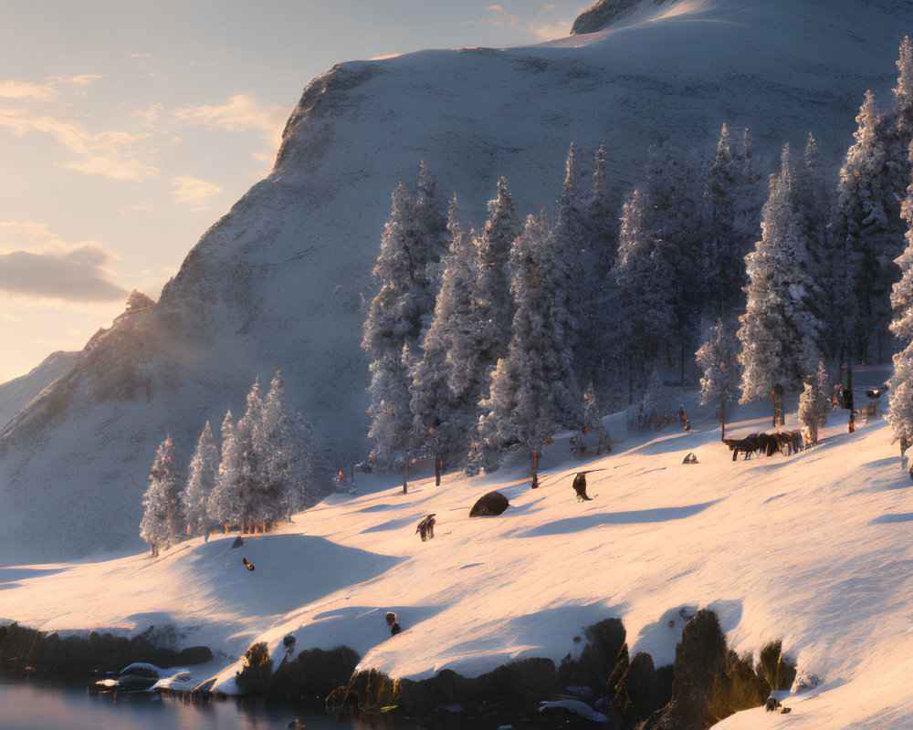 Snowy Winter Landscape: Horses Grazing by Frozen Lake