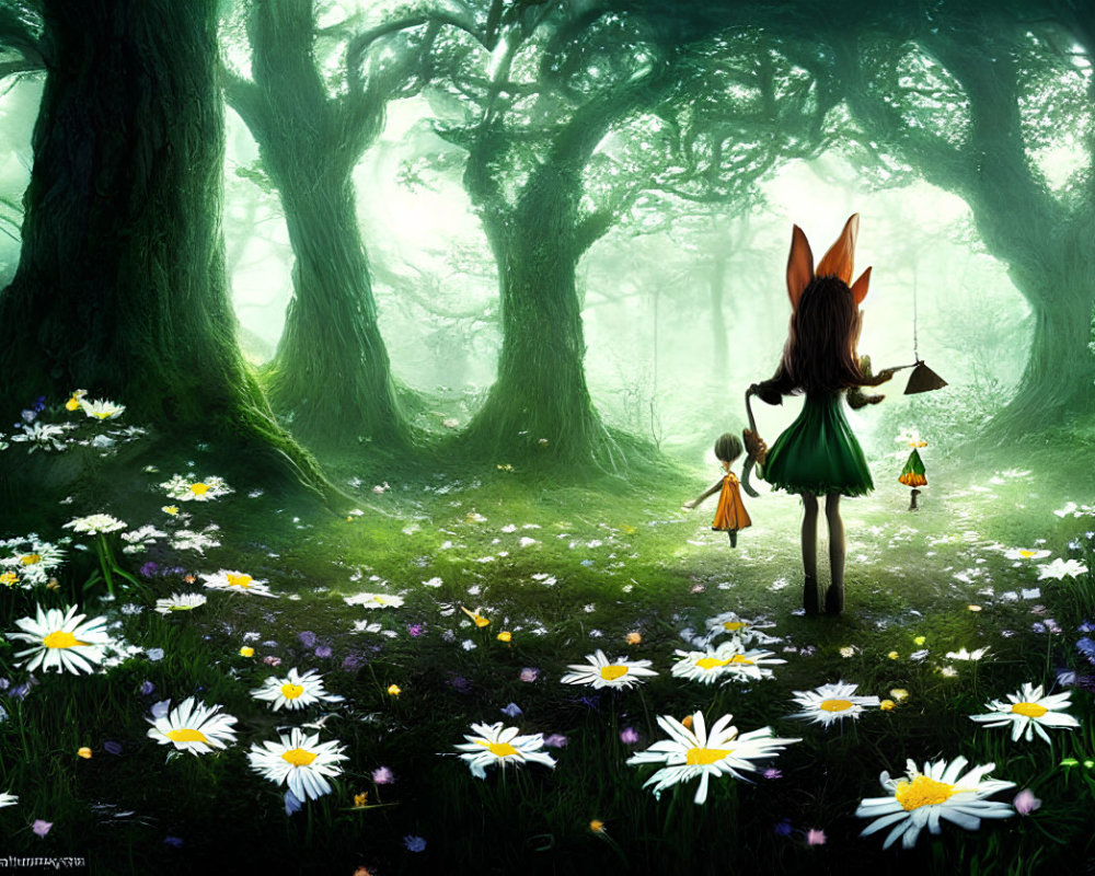 Illustration: Fox-masked characters playing violins in enchanted forest glade