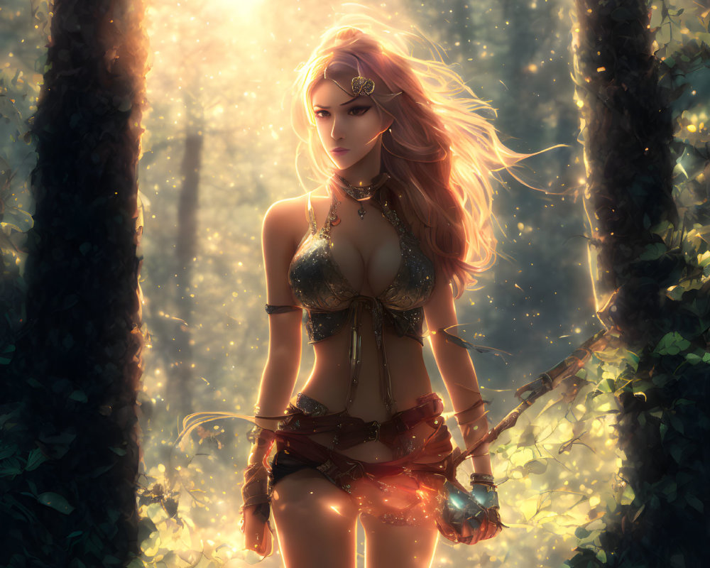 Fantasy illustration of woman with long hair in forest with ethereal sunlight.