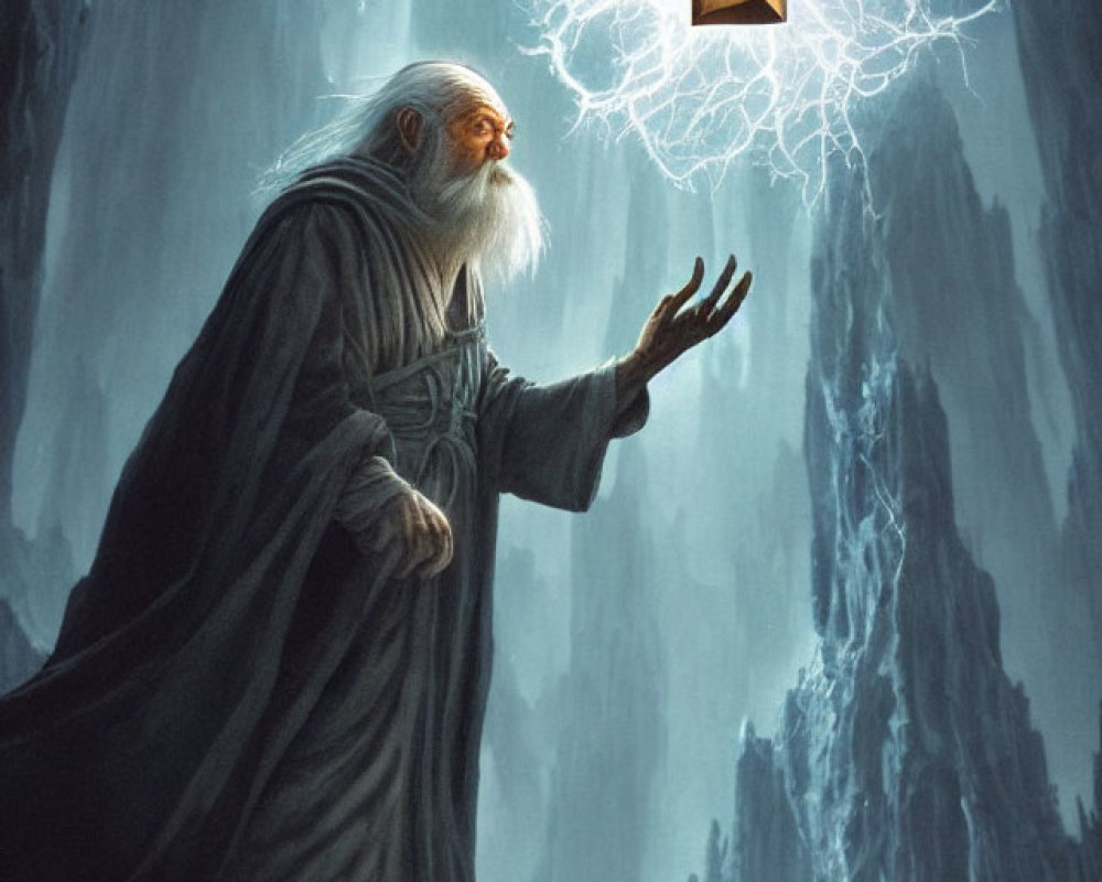 Elderly wizard with long beard summons mystical cube in misty landscape