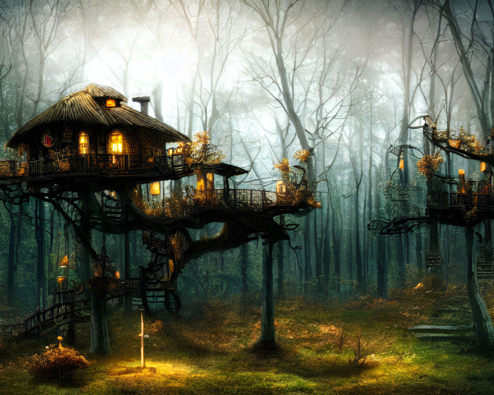 Misty forest treehouse with intricate walkways and warm glowing lights