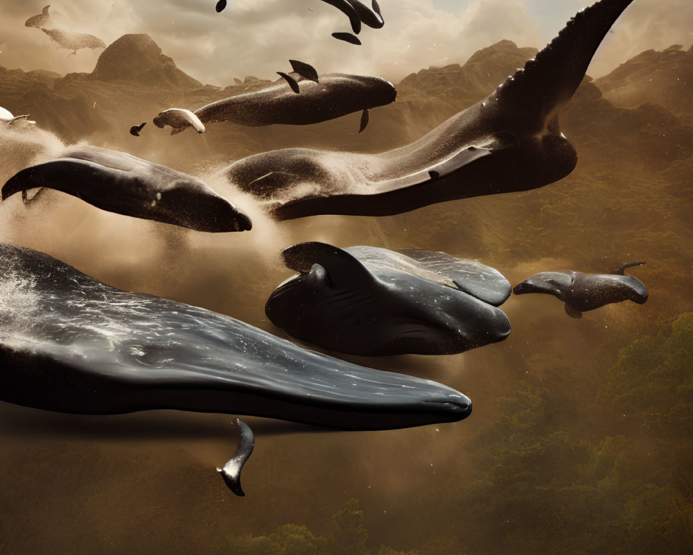 Whales and birds in surreal underwater sky scene