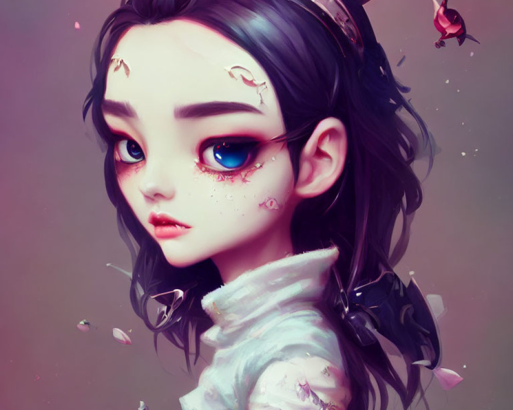 Stylized digital portrait of girl with blue eyes and black hair