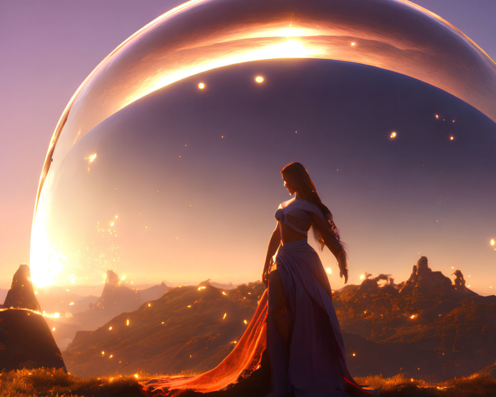 Woman in flowing dress gazes at glowing orb on grassy hill at sunset