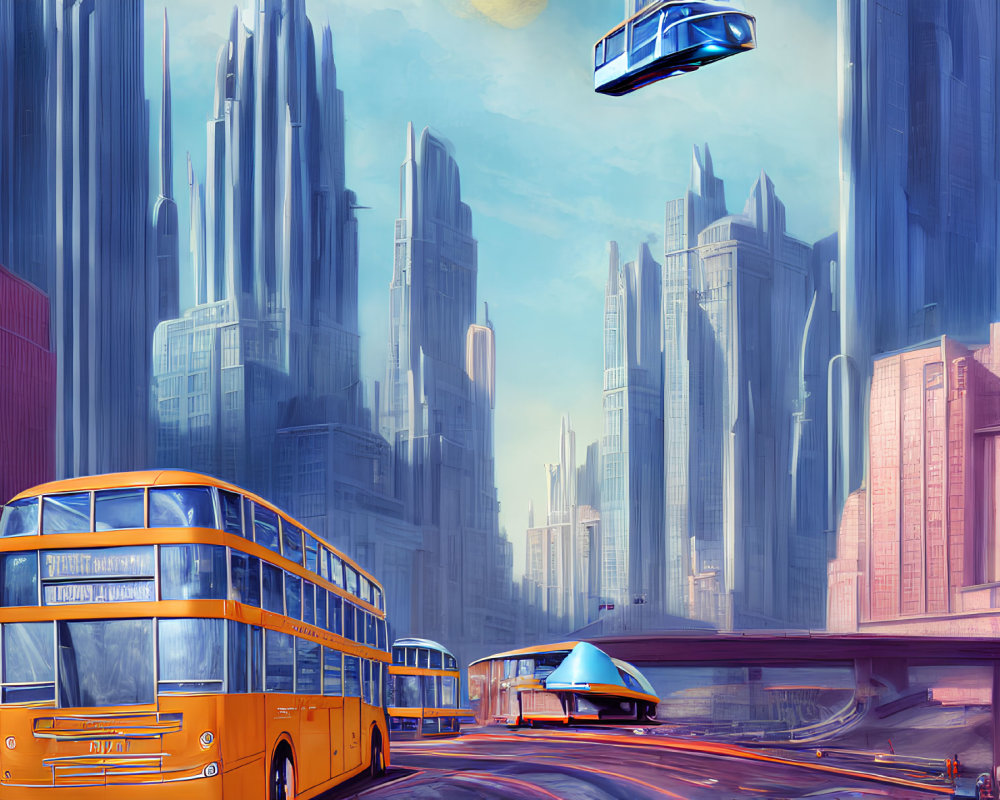 Vibrant futuristic cityscape with blue car, orange bus, and skyscrapers