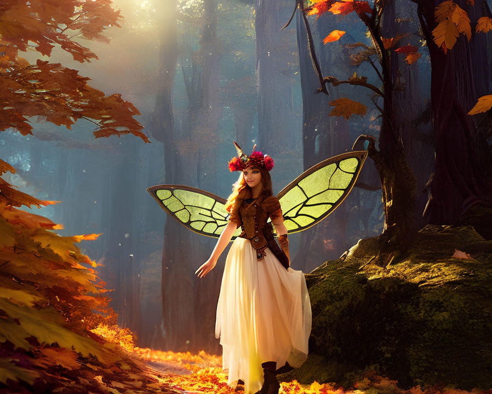 Person in fairy costume with translucent wings in sunlit autumn forest.