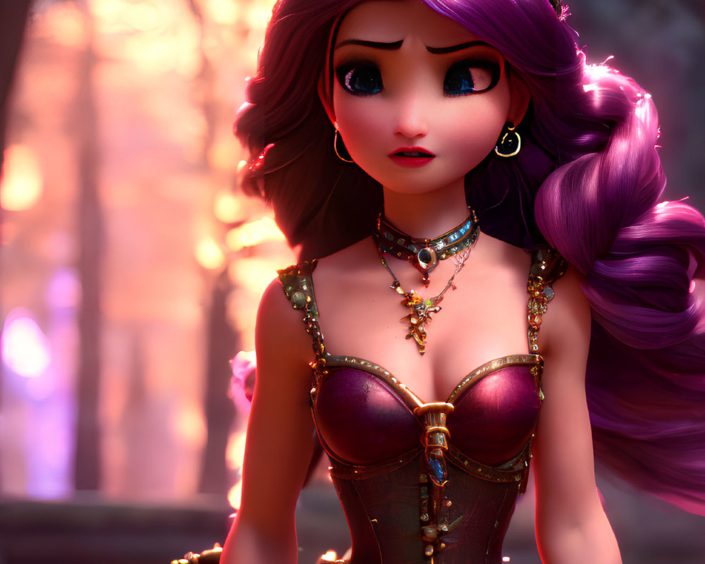 Purple-haired animated princess in steampunk attire among glowing forest trees