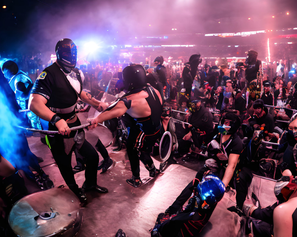 Protest scene with police and protesters in riot gear amid colored smoke