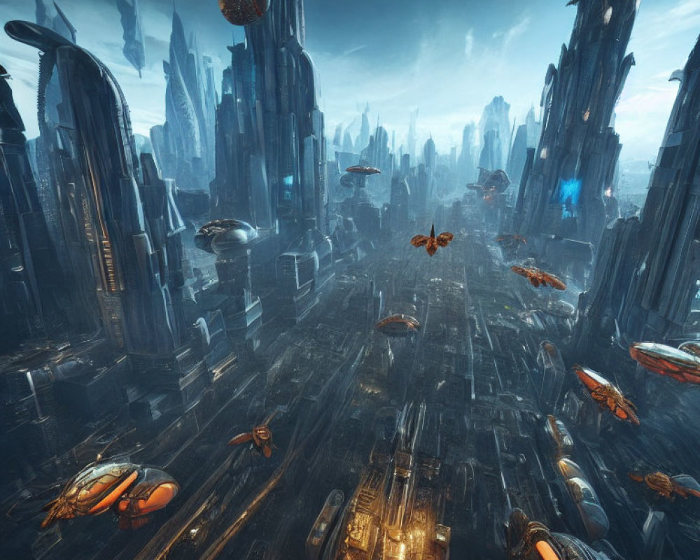 Futuristic cityscape with towering skyscrapers and flying vehicles