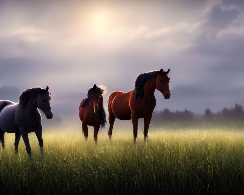 Misty field sunrise scene with three horses