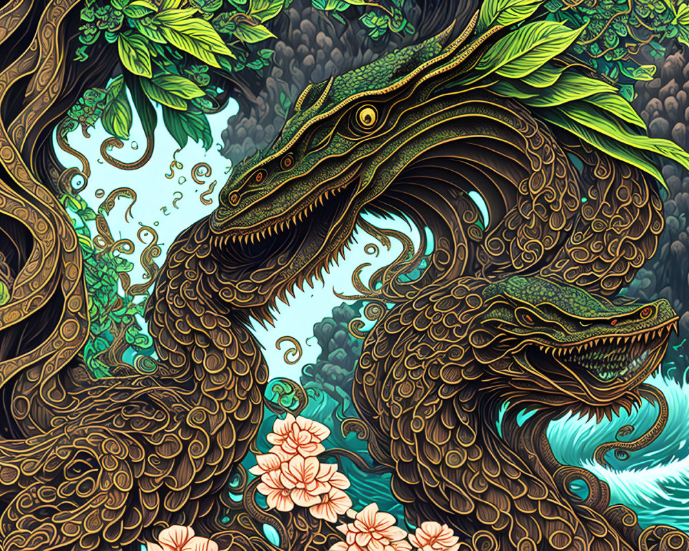 Detailed Illustration: Intertwined Dragons in Floral Patterns & Lush Foliage