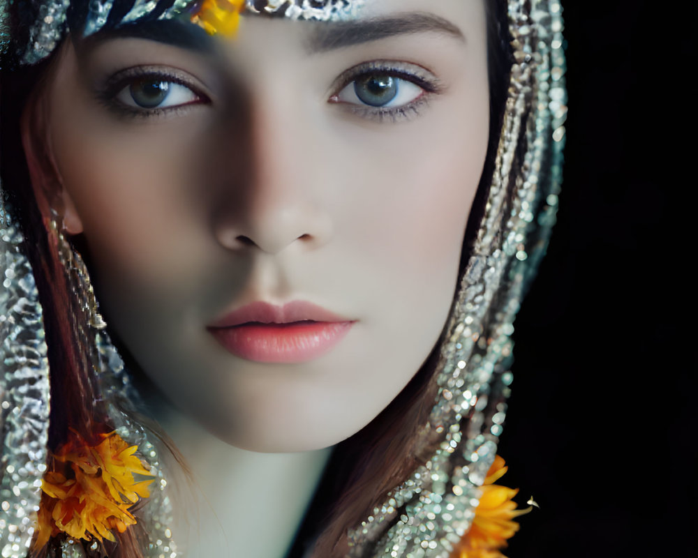 Woman with Blue Eyes in Silver Headpiece with Yellow Accents and Orange Flowers on Dark Background