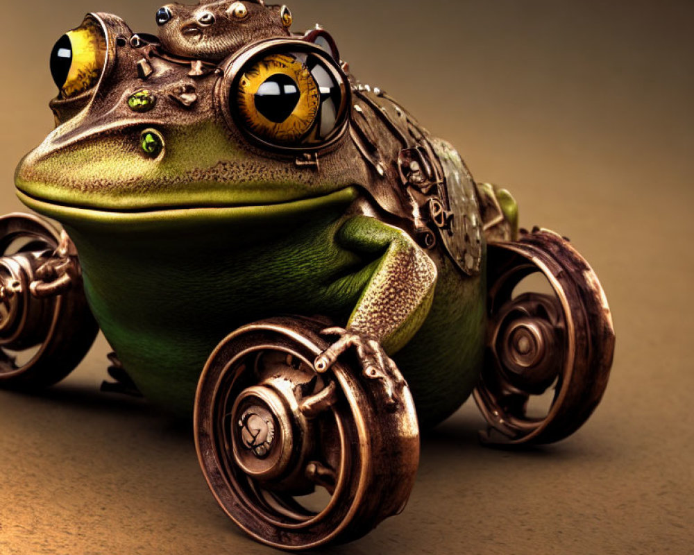 Steampunk-style frog with mechanical legs and cogwheel-rimmed eyes