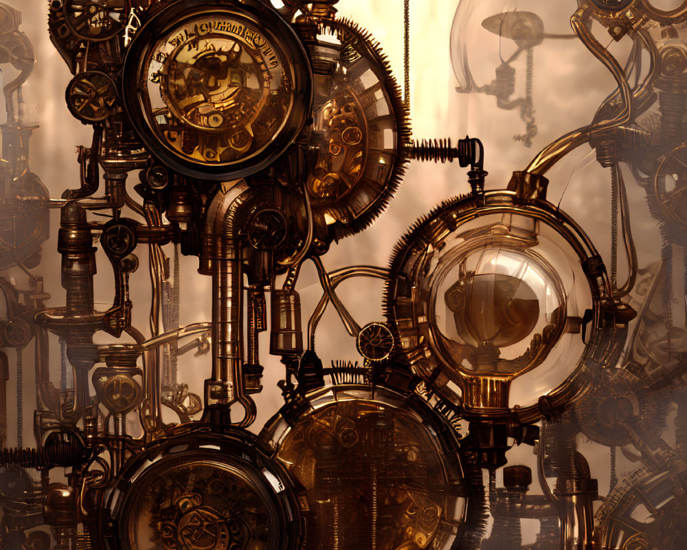 Detailed Steampunk Machinery with Cogs, Gears, and Glowing Bulbs