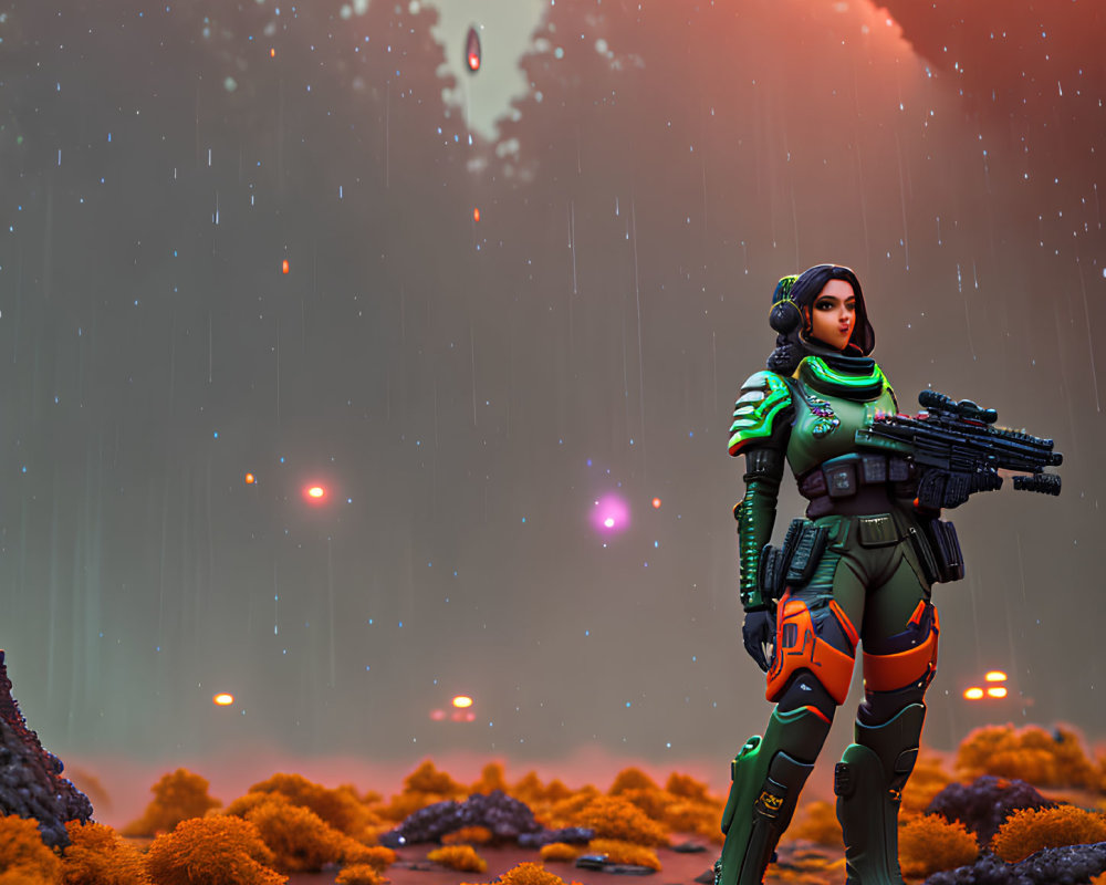 Futuristic soldier in green and orange armor in misty alien forest