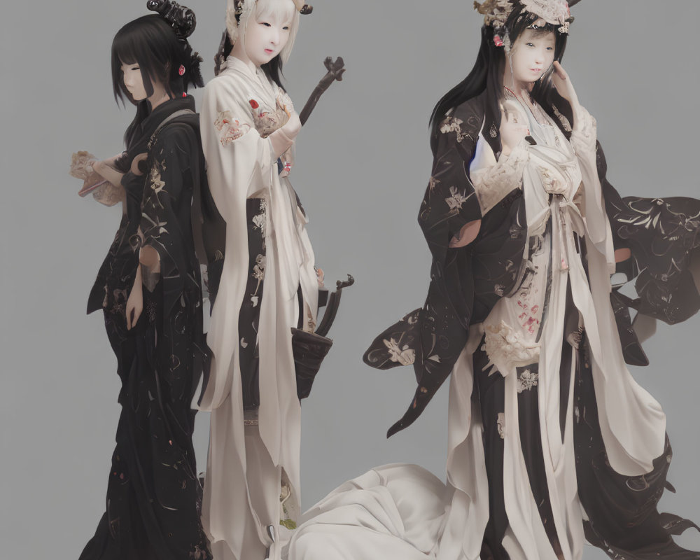 Three women in traditional Asian attire with ornate hairstyles, posing elegantly on neutral background