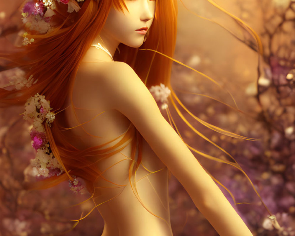 Digital artwork: Red-haired female with floral crown in warm-toned floral backdrop