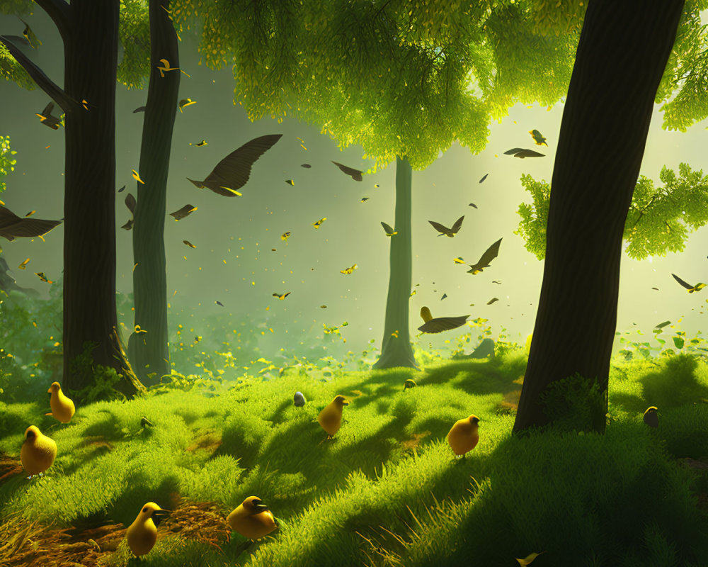 Birds flying in lush green forest under warm sunlight