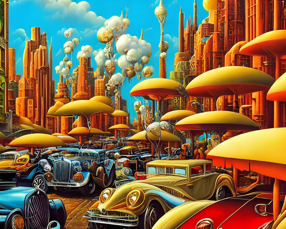 Colorful retro-futuristic cityscape with towering buildings and unique cars under a blue sky.