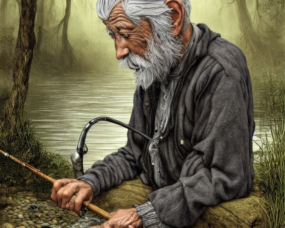 Elderly man with white beard fishing by misty river in gray jacket and hat.