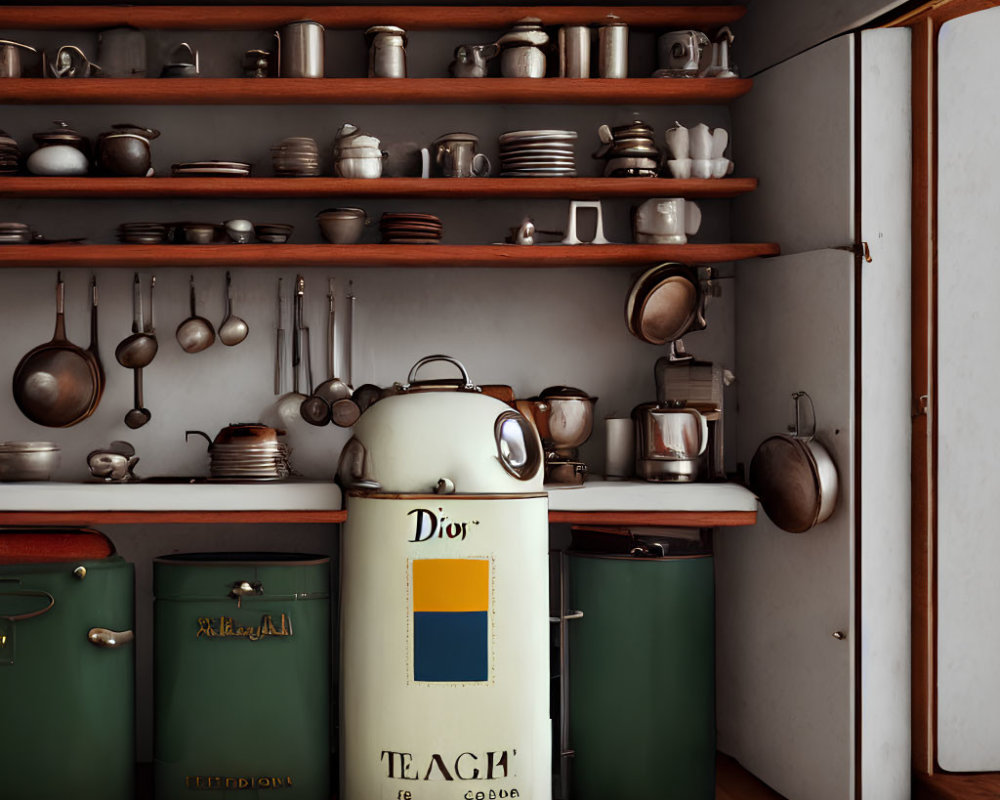 Vintage Kitchen Corner with Wooden Shelves, Classic Green and White Refrigerator, and Labeled Storage B