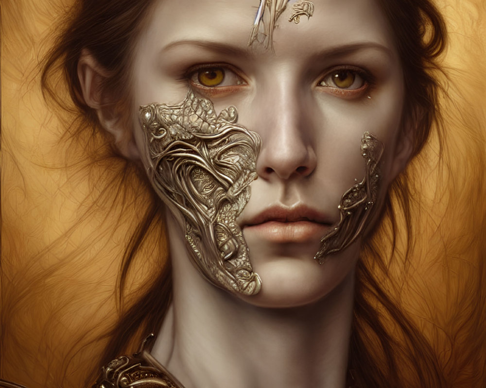 Portrait of a woman with fantasy metallic facial adornments and intense amber eyes