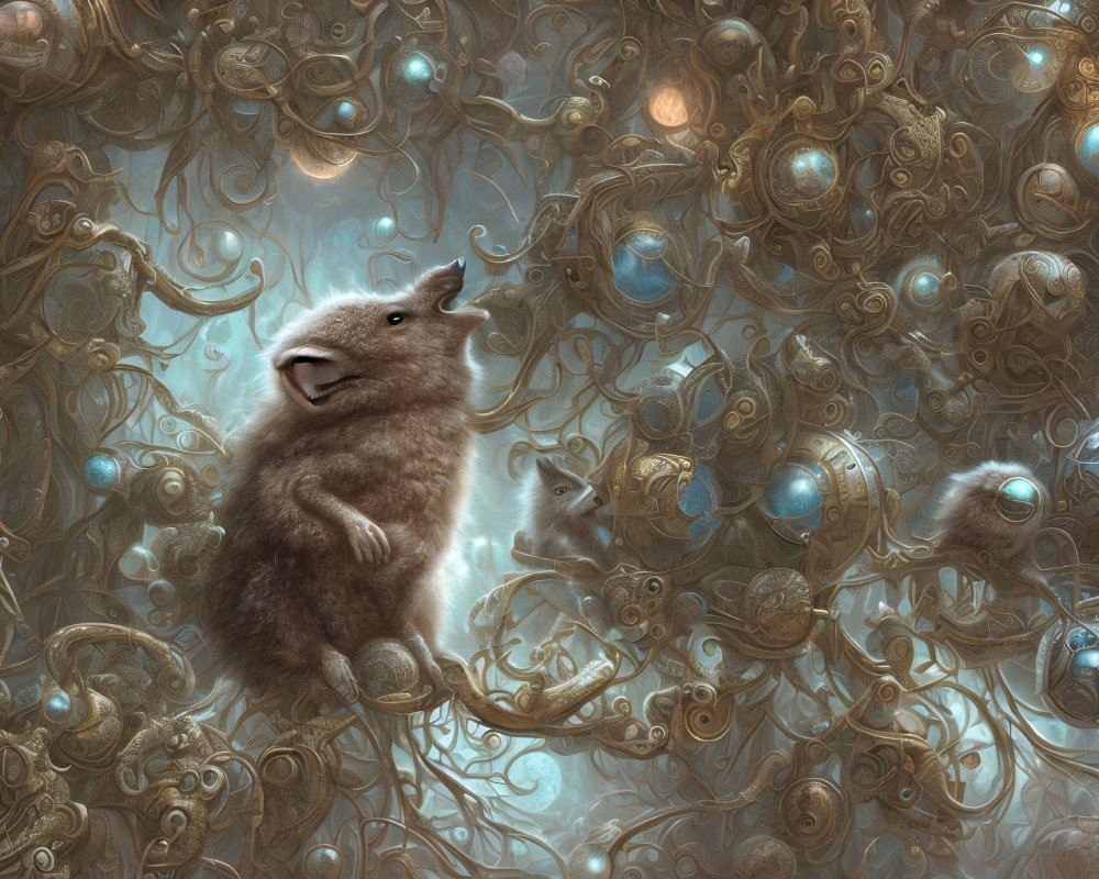 Whimsical fluffy creature with metallic orbs and ornate vines