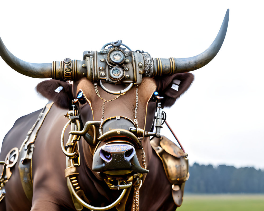 Intricate steam-punk style bull with mechanical headgear and brass accents against blurred background