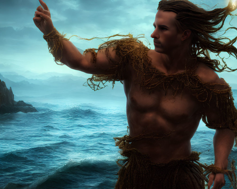 Muscular figure in tattered clothes by the sea with dramatic clouds and lighting.