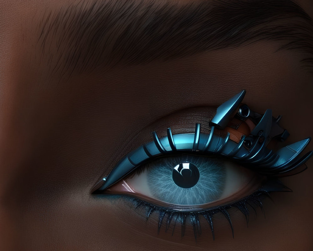 Stylized mechanical eyelashes on eye against dark background