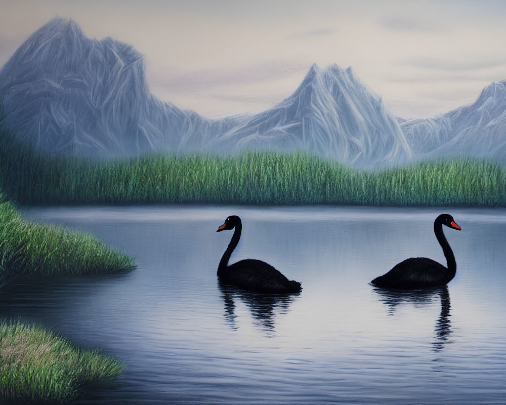 Black swans on serene lake with greenery and misty mountains