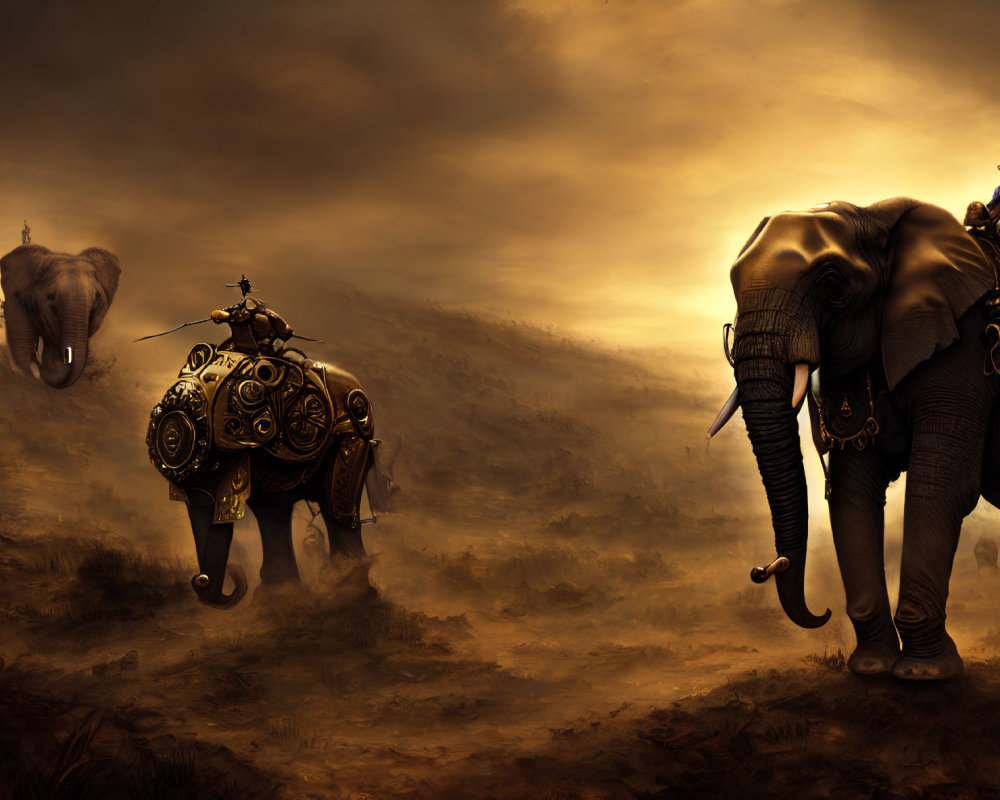 Surreal natural vs. steampunk elephant under dramatic sky