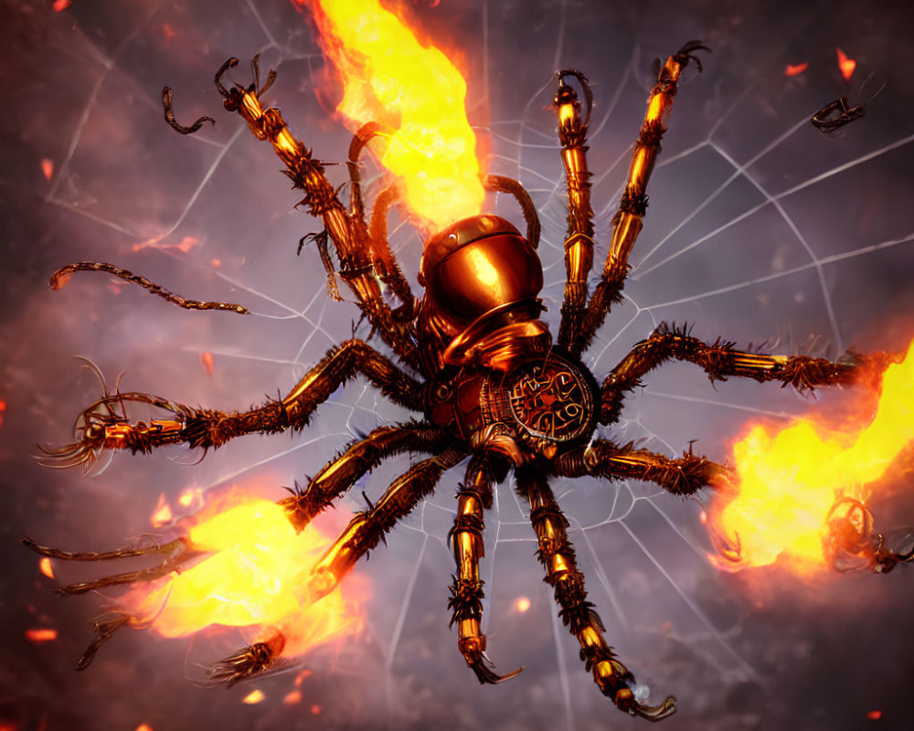 Mechanical spider with flaming legs in fiery, cloudy setting