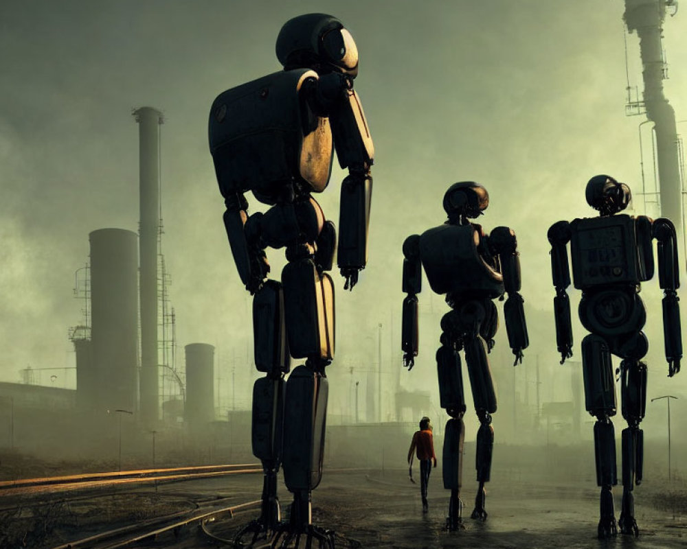 Person facing towering robots in foggy industrial landscape