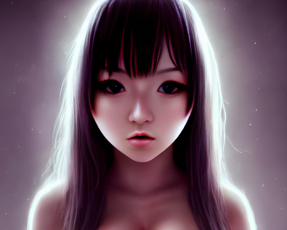 Digital Artwork: Close-Up of Young Woman with Dark Hair and Glowing Halo on Starry Background