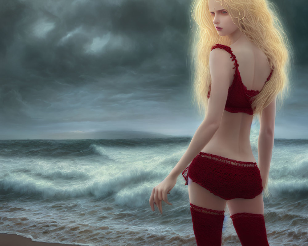 Blonde Woman in Red Lingerie Contemplating Stormy Sea